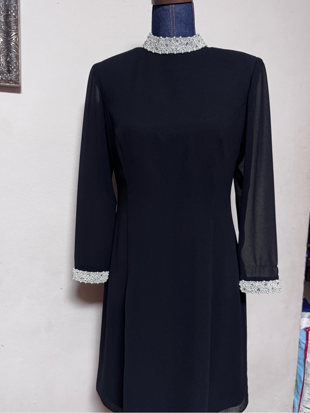 Julian Wilder by Ann Hobbs black dress with beaded trim on collar and cuffs